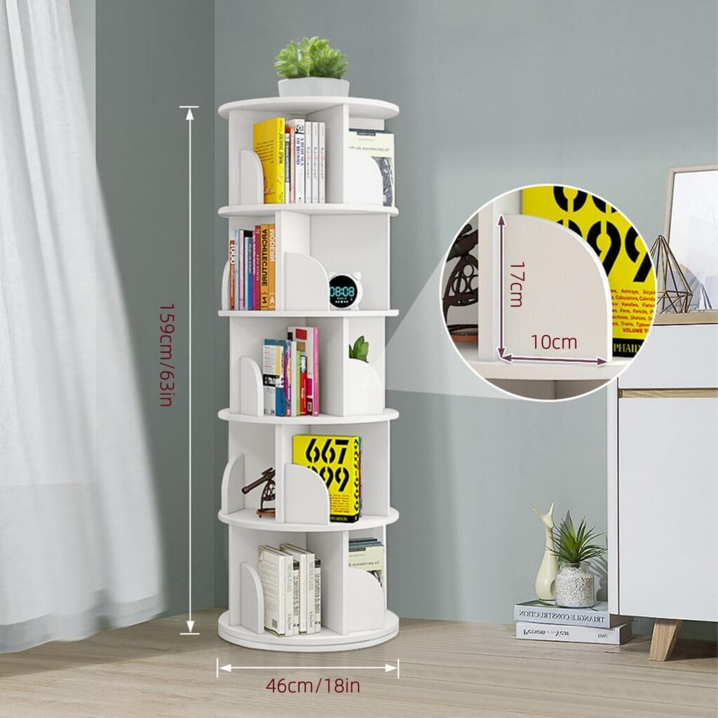 Nisorpa 5-Tier Rotating Bookshelf High-Density Bookcase Tall Book Shelf Modern 360° Rotating Storage Display Rack Floor Standing Bookcase with Baffle for Bedroom Living Room Study Office White