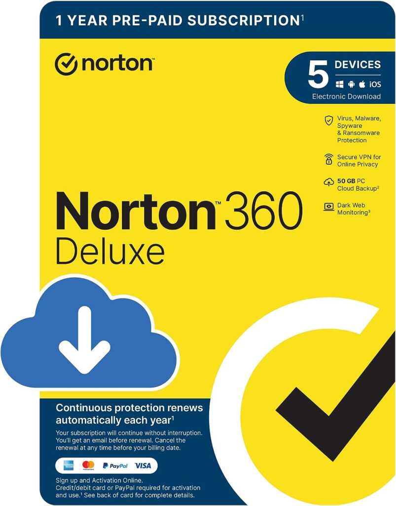 Norton 360 Deluxe 2023, Antivirus software for 5 Devices and 1-year subscription with automatic renewal, Includes Secure VPN and Password Manager, PC/Mac/iOS/Android, Activation Code by email