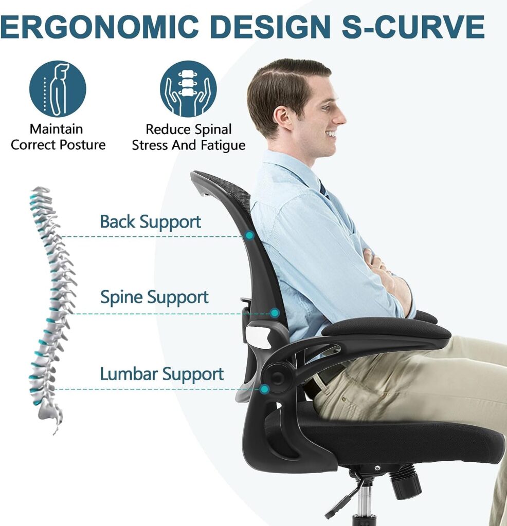 RYANGEL Desk Chair, Ergonomic Office Chair with 90°Flip-up Arms Adjustment Lumbar Support Height Tilting, Mesh Back Computer Chair with Padded Seat Cushion Swivel Desk Chair for Home/Office