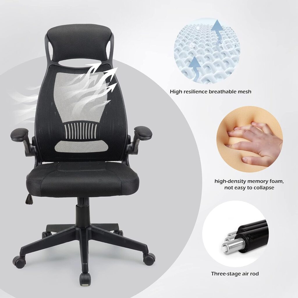 T-THREE.Ergonomic Desk Chair, Swivel Chair With Adjustable Lumbar Support, Headrest And Armrest, Height Adjustment and Rocker Function, Back-Friendly Office Chair Black