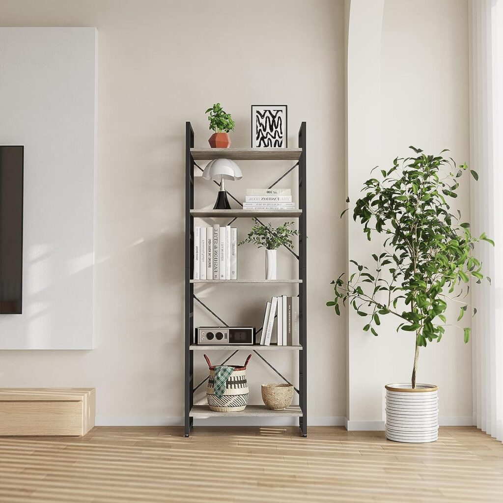 TREETALK 5 Tier Bookshelf, Standing Bookcase with 2 X-shape Frame,Adjustable Leg pads, Industrial Storage Rack for Office, Living Room (Grey)