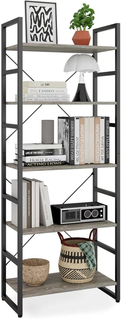 TREETALK 5 Tier Bookshelf, Standing Bookcase with 2 X-shape Frame,Adjustable Leg pads, Industrial Storage Rack for Office, Living Room (Grey)