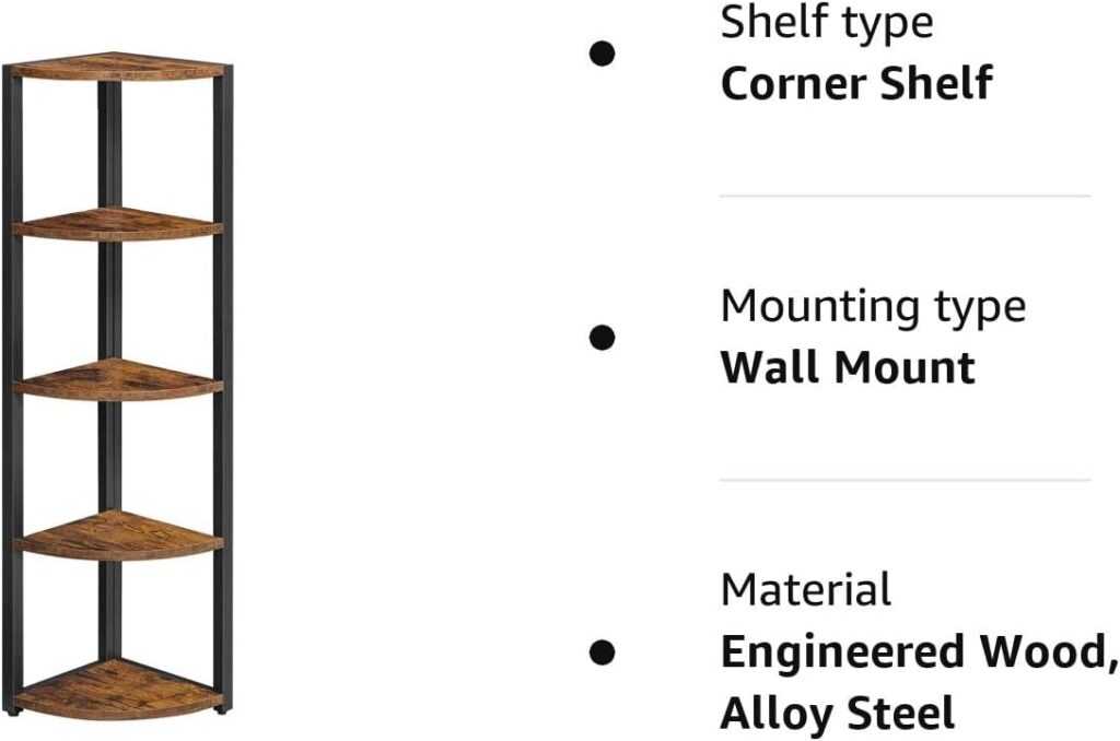 VASAGLE 5-Tier Corner Shelf, Multipurpose Storage Shelf, Plant Stand, for Living Room, Bedroom, Home Office, Studio, Industrial, Rustic Brown and Black LLS801B01