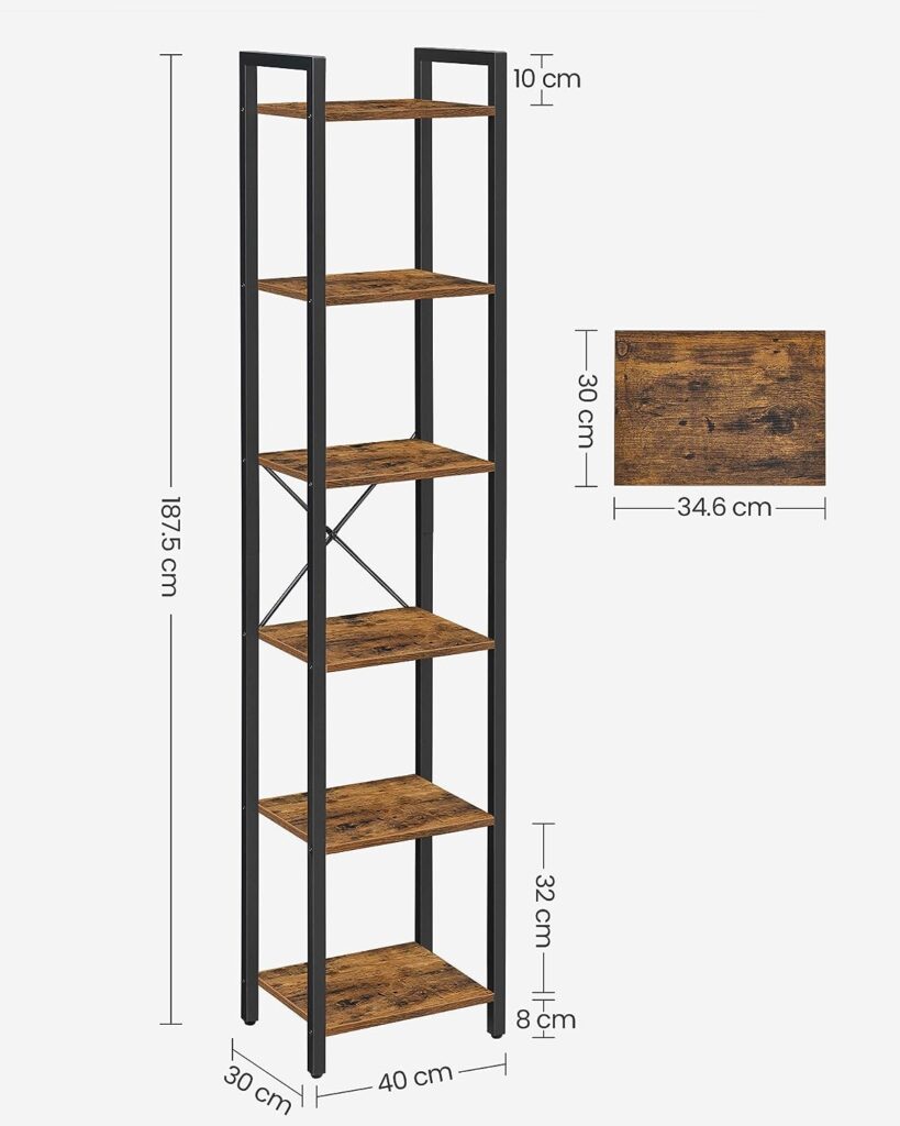 VASAGLE 6-Tier Bookshelf, Bookcase, Shelving Unit, for Office, Study, Living Room, Bedroom, 30 x 40 x 187.5 cm, Industrial, Rustic Brown and Black LLS101B01