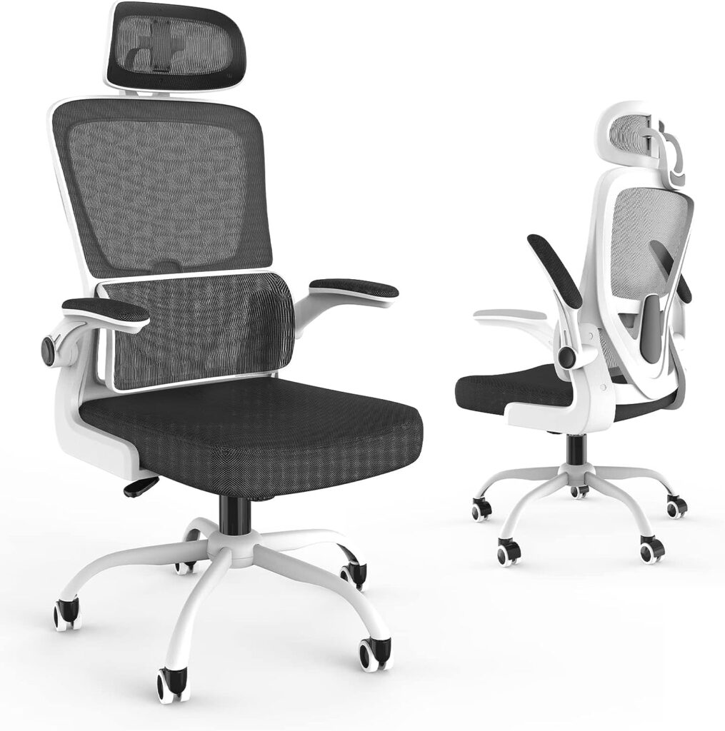 WELTOKE Home Office Desk Chair, Ergonomic Office Chair with Lumbar Support and Flip Up Arm, High Back Mesh Computer Chairs with Adjustable Headrest for Work Study (White)