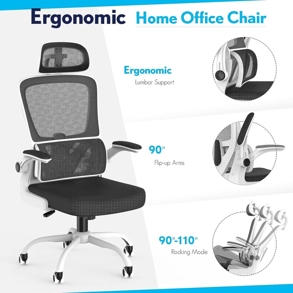 WELTOKE Home Office Desk Chair, Ergonomic Office Chair with Lumbar Support and Flip Up Arm, High Back Mesh Computer Chairs with Adjustable Headrest for Work Study (White)
