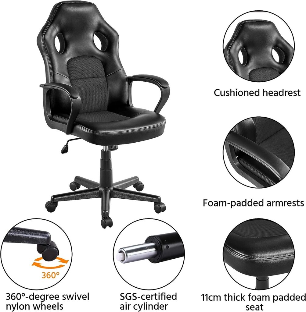 Yaheetech Gaming Chair Adjustable Leather Office Racing Chair Ergonomic Computer Desk Chair with Lumbar Support and Arms Black