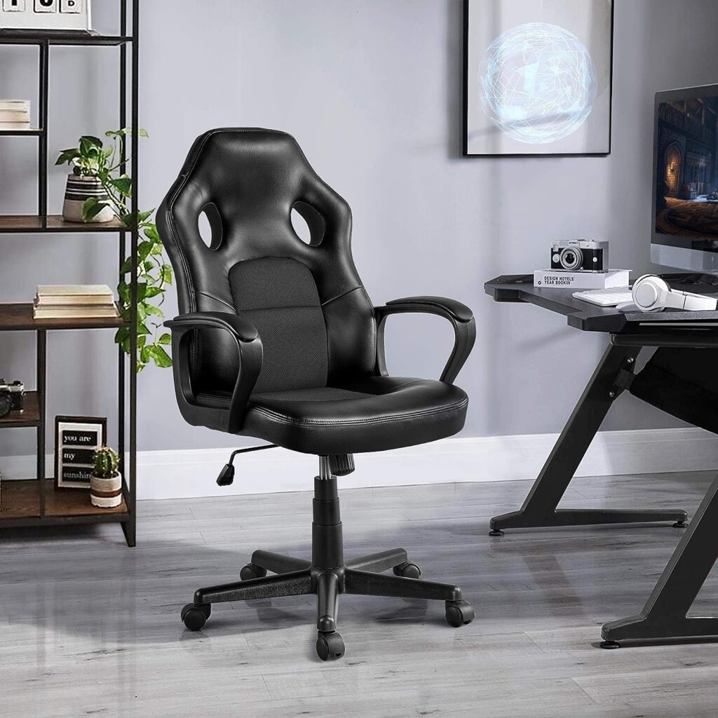 Yaheetech Gaming Chair Adjustable Leather Office Racing Chair Ergonomic Computer Desk Chair with Lumbar Support and Arms Black