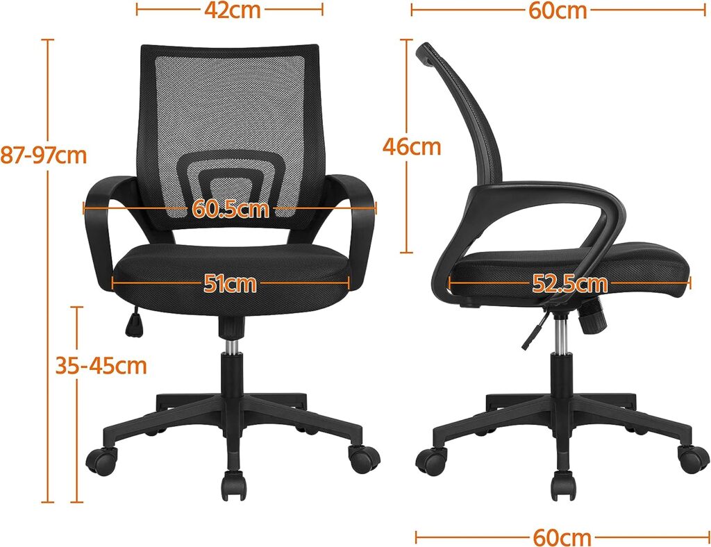 Yaheetech Modern Ergonomic Office Swivel Chair Adjustable Computer Chair Fabric Mesh Chair with Back Support Arms and Wheels for Home Work and Students Study Black