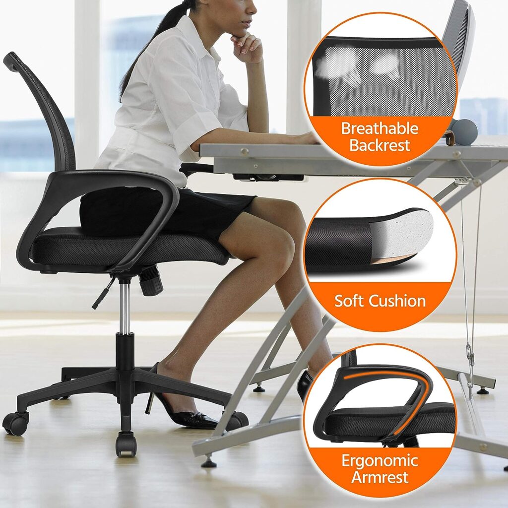 Yaheetech Modern Ergonomic Office Swivel Chair Adjustable Computer Chair Fabric Mesh Chair with Back Support Arms and Wheels for Home Work and Students Study Black