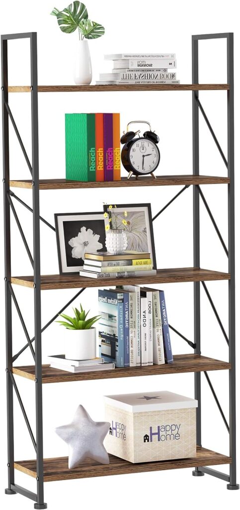 YITAHOME Bookcase 5 Tiers, Floor Standing Book Shelf, Wooden Shelf and Metal Frame Book Rack, Display Storage Rack Shelving Units for Living Room, Home Office - Rustic Brown Bookshelf