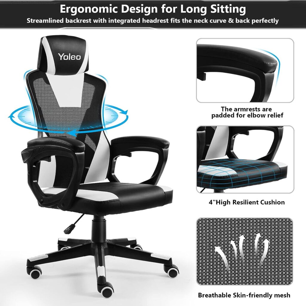 YOLEO Office Chair Ergonomic Desk Chair with 90°-135° Tilt Angle Gaming Chair, Lumbar Support Height Adjustable Mesh Chair Gaming Chair, Executive Swivel Computer Chair for Home/Office (Black/White)