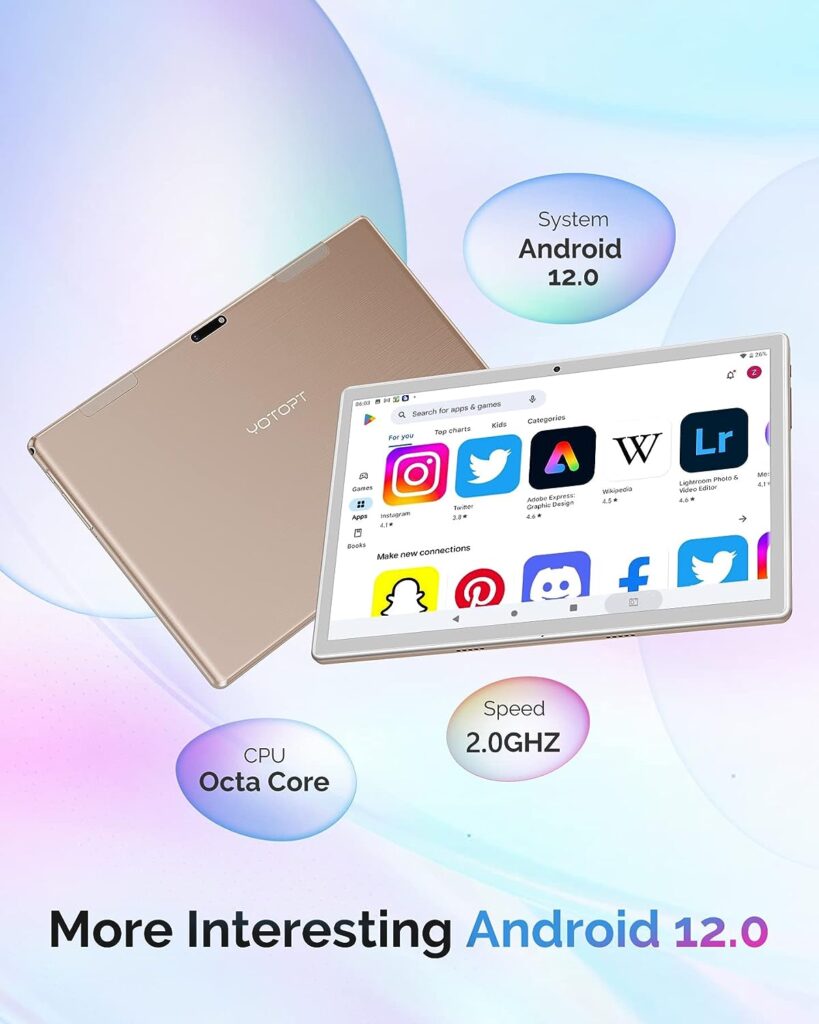 YOTOPT tablet 10 inch Android 12.0, Octa Core 2.0 GHz, 4GB RAM, 64 GB ROM(1 TB Expandable), 8000mAh Battery, 5MP+8MP, FHD IPS, WLAN, Bluetooth, GPS, Tablet with keyboard | Mouse | case| Pen (Gold)