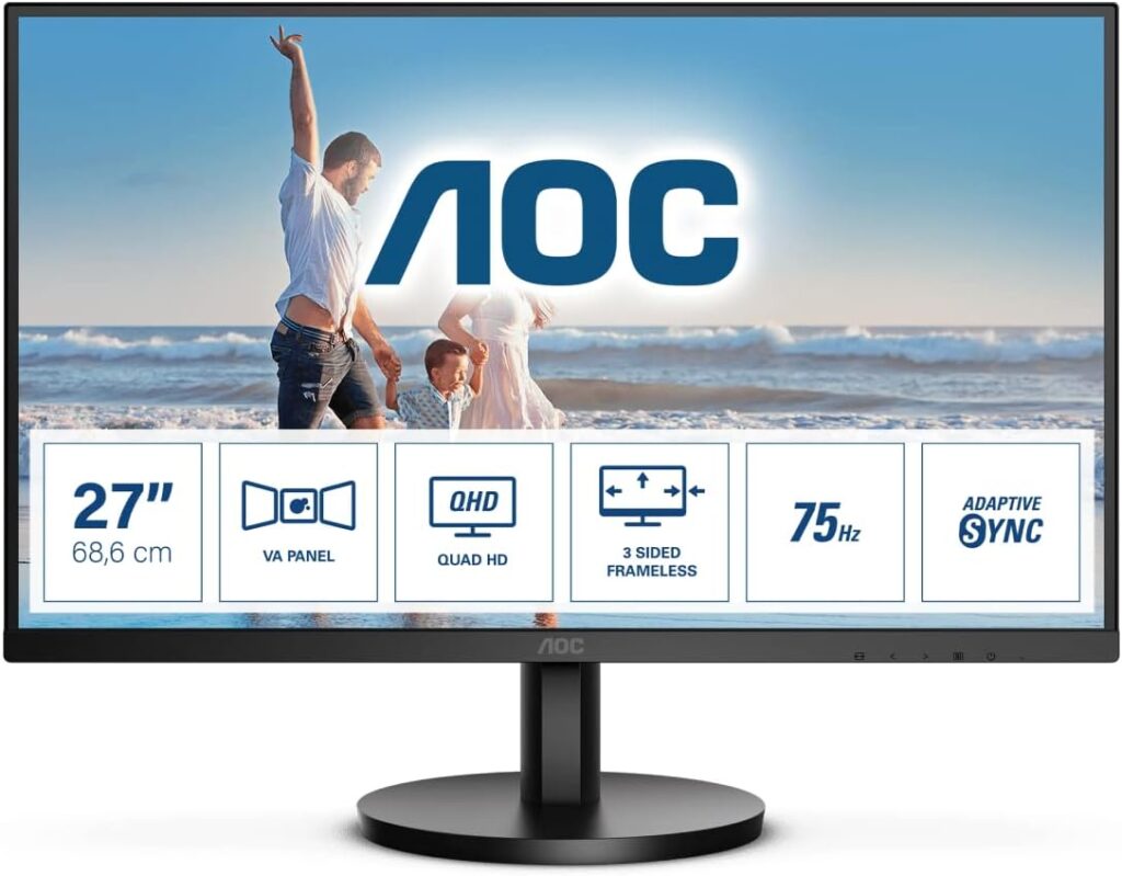 AOC Q27B3MA - 27 inch QHD Monitor, VA, 75Hz, 4ms, Flicker free, Speakers, Low Blue light, Vesa 100 x 100, Tilt (2560 x 1440 @ 75Hz, 250 cd/m², HDMI 1.4 / DP 1.2), Black