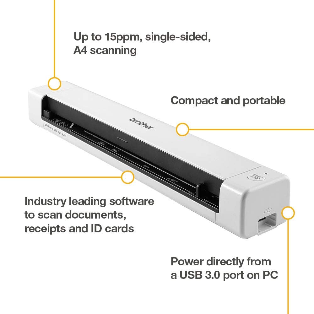 Brother DS-640 Document Scanner, USB 3.0, DSMobile, Portable, 15PPM, A4 Scanner, Includes Micro USB Cable, White