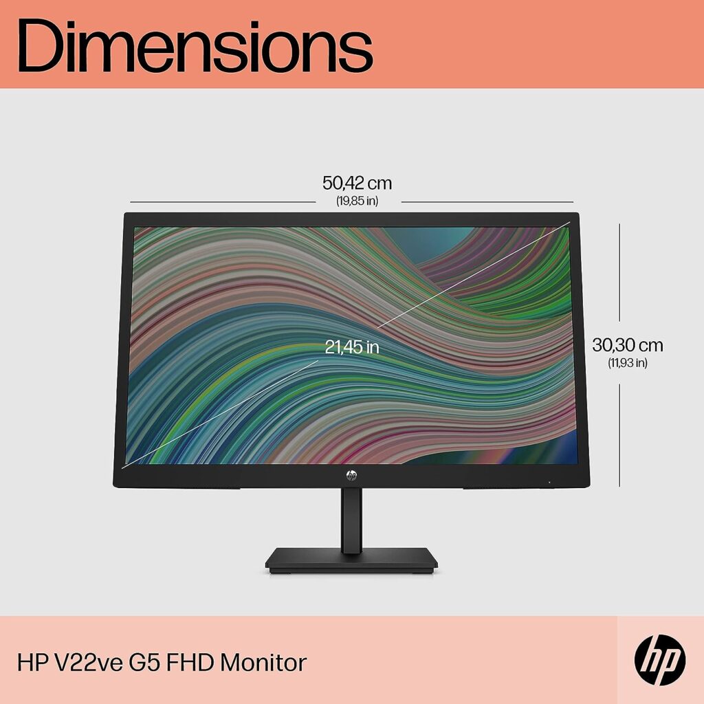 HP 22 Inch FHD Monitor - V22ve G5, Full HD VA, 75hz Refresh Rate, 1x HDMI, 1 x VGA, Low Blue Light Mode, Anti-glare, Tilt Adjustment, VESA Mountable, Black