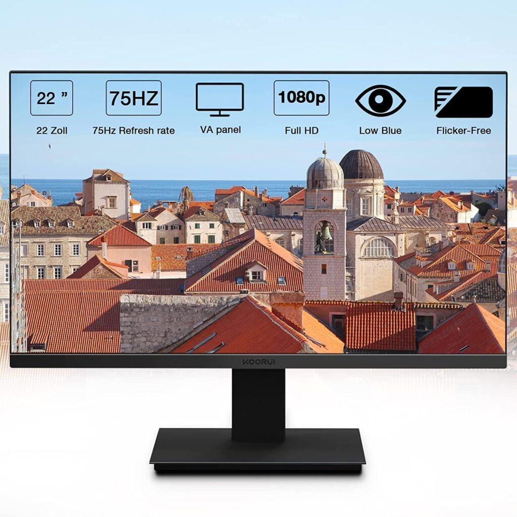 KOORUI 22 Inch Business Computer Monitor, FHD 1080p 75hz Desktop Monitor, Ultra Thin Eye Care Bezel HDMI VGA Ports LED Monitor for PC, Black