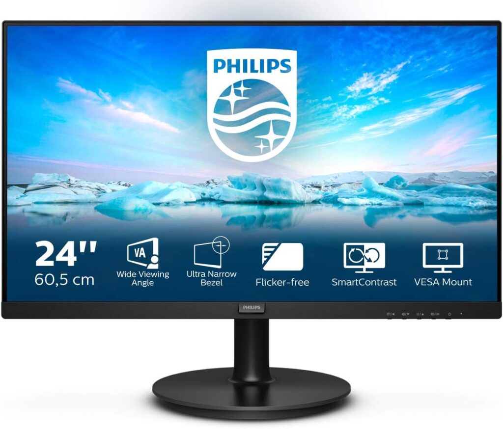 PHILIPS 241V8LA- 24 Inch FHD Monitor, 75Hz, 4ms, VA, Speakers LowBlue, Flickerfree (1920 x 1080, 250 cd/m², HDMI/VGA)