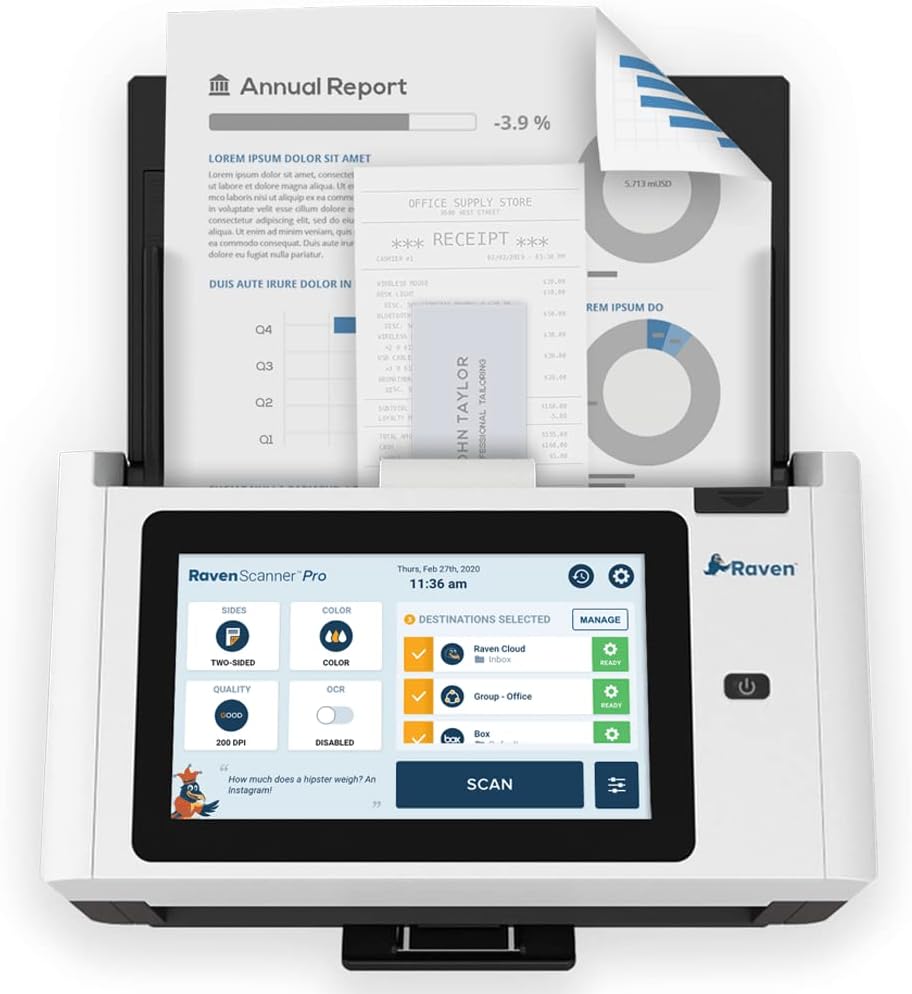 Raven Pro Document Scanner - Huge Touchscreen, High Speed Color Duplex Feeder (ADF), Wireless Scan to Cloud, WiFi, Ethernet, USB, Home or Office Desktop