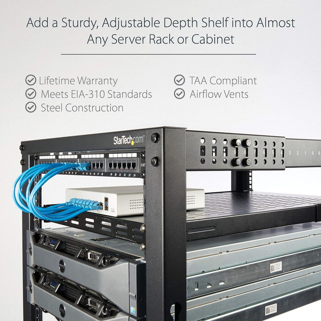 StarTech.com 1U Adjustable Vented Server Rack Mount Shelf - 175lbs - 19.5 to 38in Adjustable Mounting Depth Universal Tray for 19 AV/ Network Equipment Rack - 27.5in Deep (ADJSHELF), Black