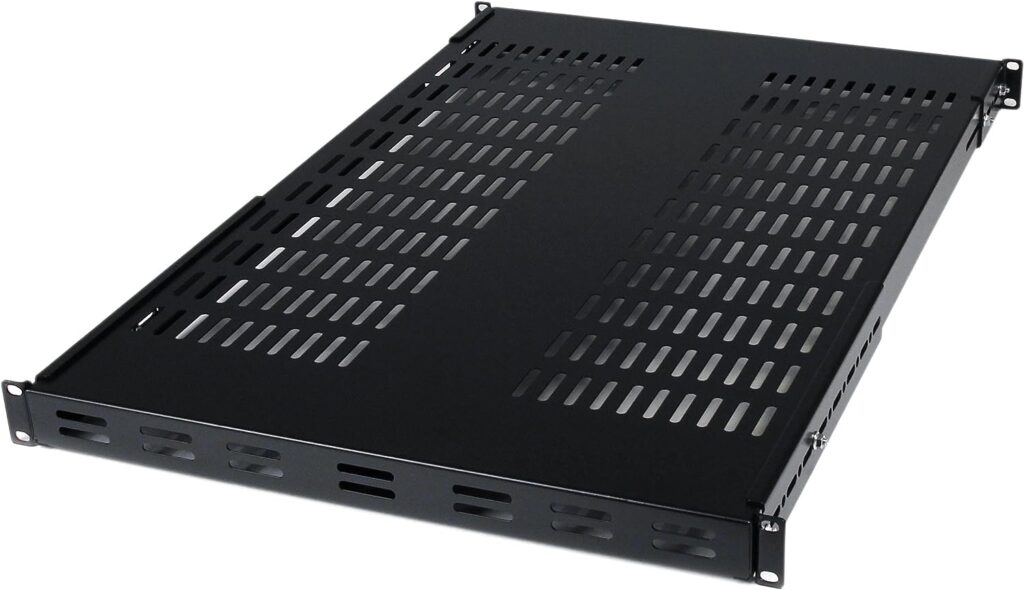 StarTech.com 1U Adjustable Vented Server Rack Mount Shelf - 175lbs - 19.5 to 38in Adjustable Mounting Depth Universal Tray for 19 AV/ Network Equipment Rack - 27.5in Deep (ADJSHELF), Black