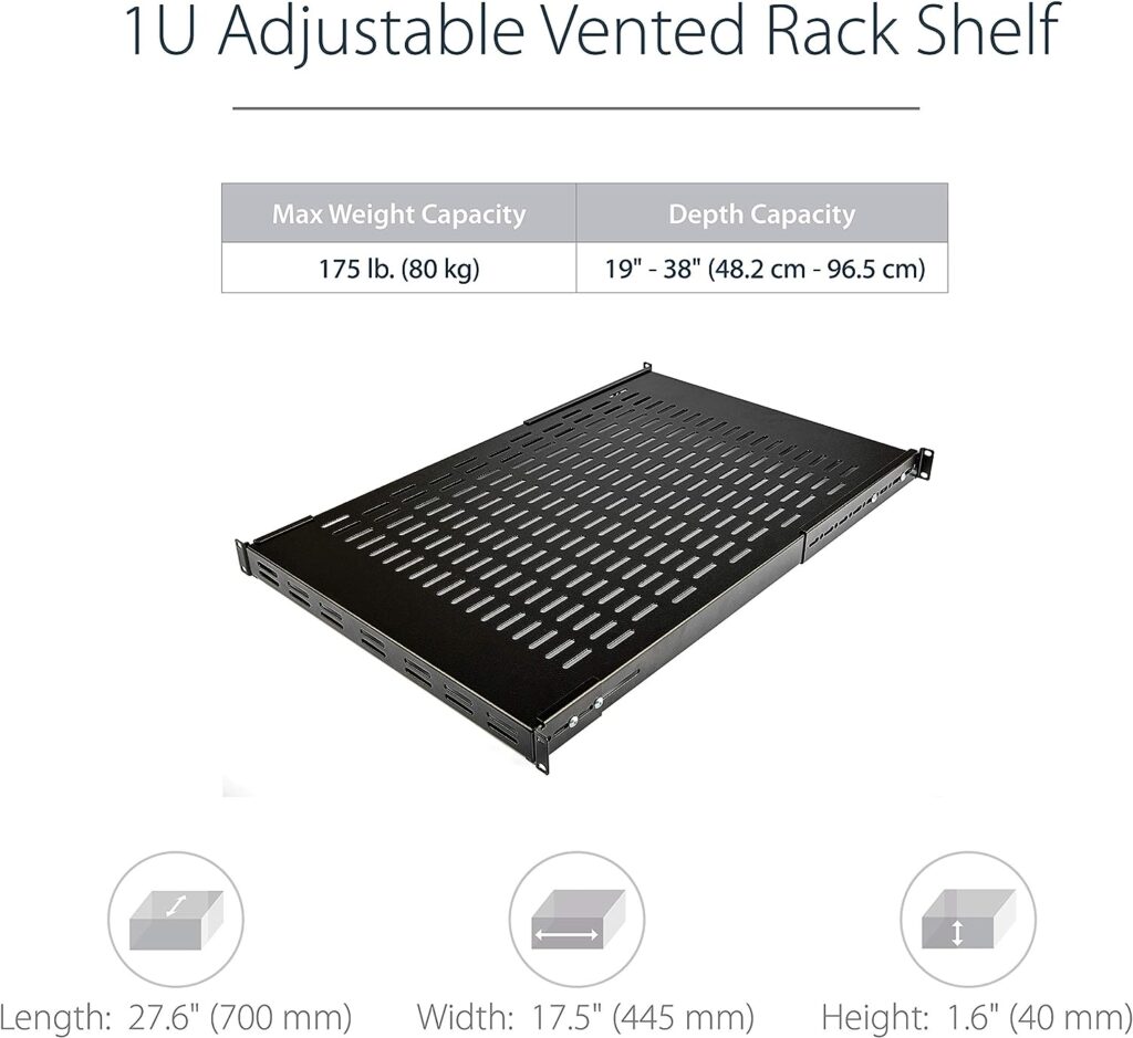 StarTech.com 1U Adjustable Vented Server Rack Mount Shelf - 175lbs - 19.5 to 38in Adjustable Mounting Depth Universal Tray for 19 AV/ Network Equipment Rack - 27.5in Deep (ADJSHELF), Black