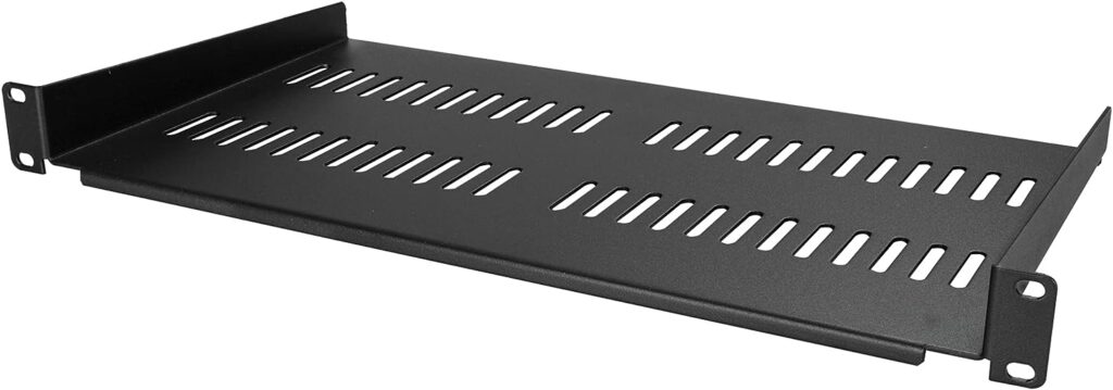 StarTech.com 1U Server Rack Shelf - Universal Vented Rack Mount Cantilever Tray for 19 Network Equipment Rack Cabinet - Heavy Duty Steel - Weight Capacity 50lb/23kg - 10 Deep, Black (CABSHELFV1U)