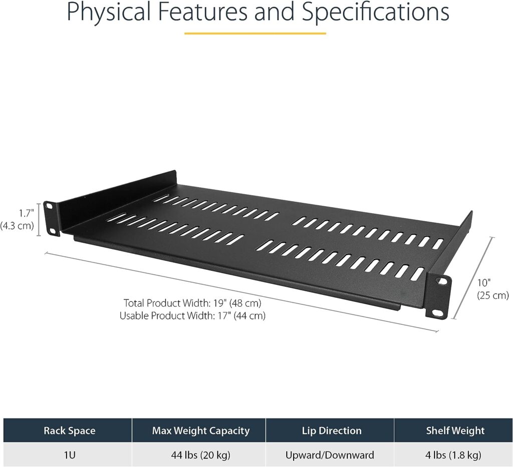 StarTech.com 1U Server Rack Shelf - Universal Vented Rack Mount Cantilever Tray for 19 Network Equipment Rack Cabinet - Heavy Duty Steel - Weight Capacity 50lb/23kg - 10 Deep, Black (CABSHELFV1U)