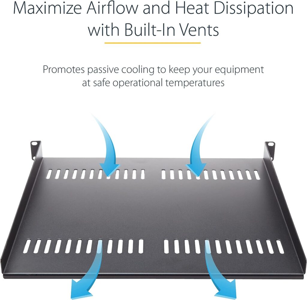 StarTech.com 1U Server Rack Shelf - Universal Vented Rack Mount Cantilever Tray for 19 Network Equipment Rack Cabinet - Heavy Duty Steel - Weight Capacity 50lb/23kg - 10 Deep, Black (CABSHELFV1U)