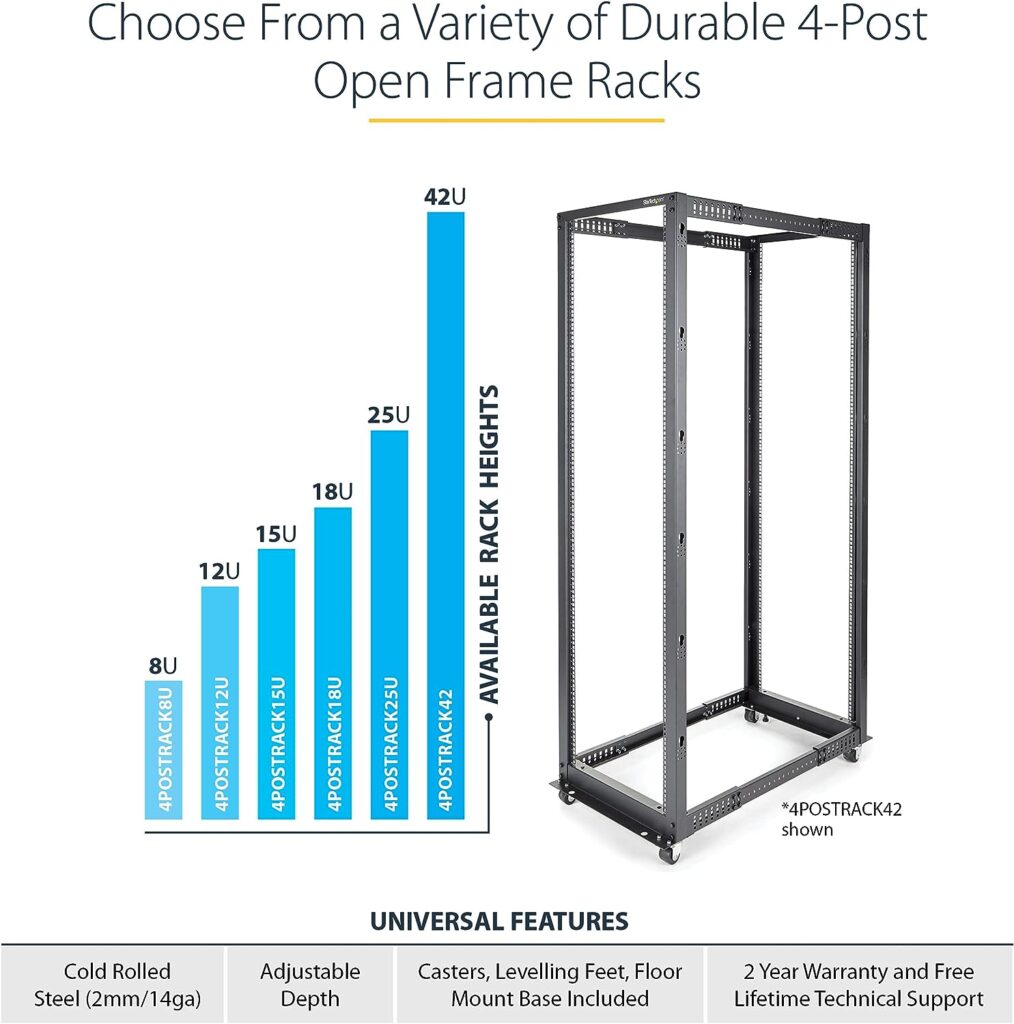 StarTech.com 4-Post 8U Mobile Open Frame Server Rack, 19in Network Rack with Wheels, Small Rolling Rack for Computer/AV/Data/IT Equipment, Casters, Leveling Feet or Floor Mounting (4POSTRACK8U)