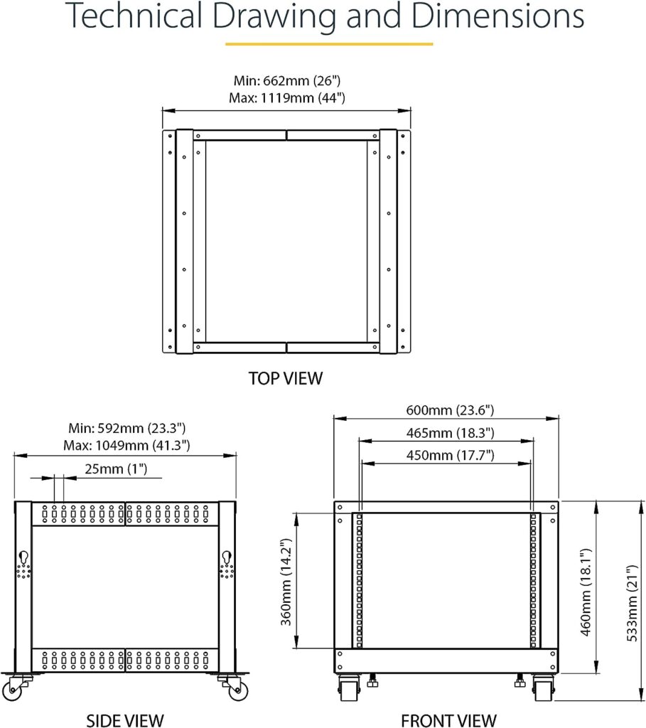 StarTech.com 4-Post 8U Mobile Open Frame Server Rack, 19in Network Rack with Wheels, Small Rolling Rack for Computer/AV/Data/IT Equipment, Casters, Leveling Feet or Floor Mounting (4POSTRACK8U)