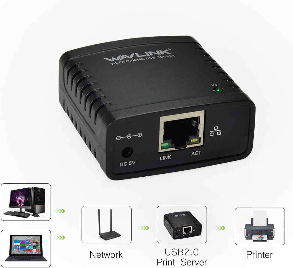 WAVLINK Print Server, 10 / 100Mbps Ethernet to USB 2.0 Network LPR Print Server for Windows