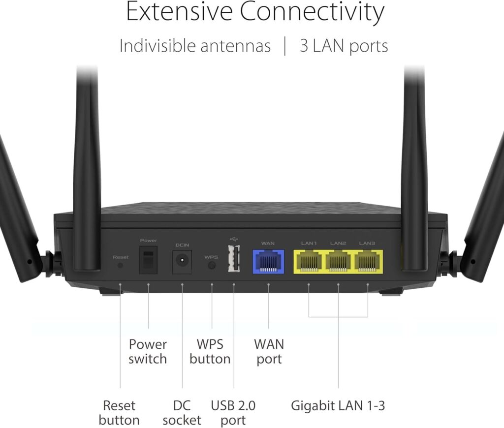 ASUS RT-AX53U Dual Band WiFi 6 Extendable Router with Mobile Tethering (Replacement of 4G 5G routers) free Network Security Parental Control, VPN, AiMesh Compatible, Gaming Streaming Smart Home USB