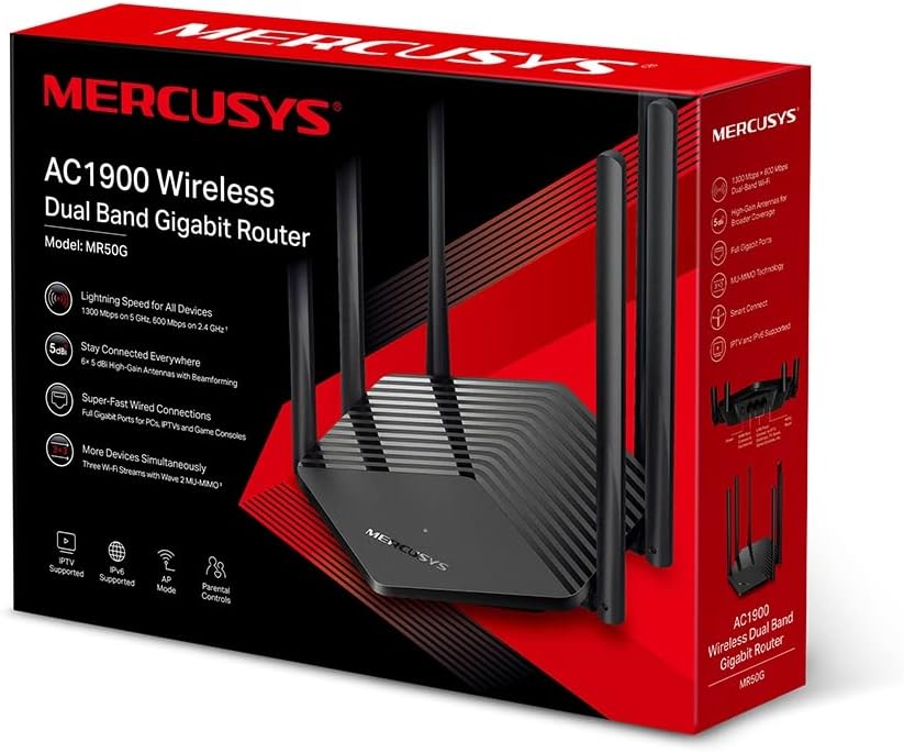 MERCUSYS AC1900 Wireless MU-MIMO+ Dual Band Gigabit Router, Wi-Fi Speed Up to 1300 bps/5 GHz + 600 Mbps/2.4 GHz, Supports Parental Control, Guest Wi-Fi (MR50G)