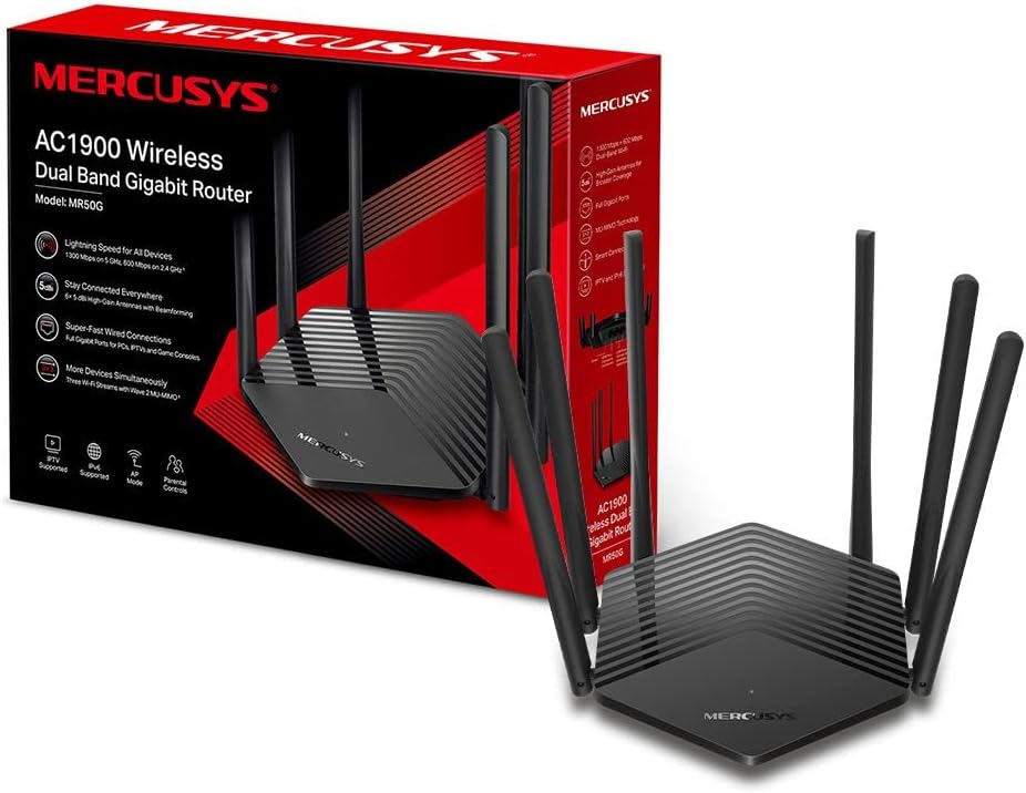 MERCUSYS AC1900 Wireless MU-MIMO+ Dual Band Gigabit Router, Wi-Fi Speed Up to 1300 bps/5 GHz + 600 Mbps/2.4 GHz, Supports Parental Control, Guest Wi-Fi (MR50G)