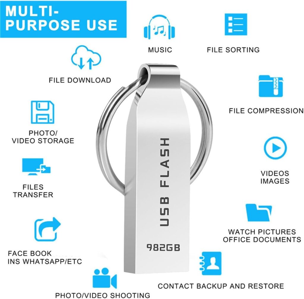 phildant USB Memory Stick 982GB Waterproof USB Stick 982GB USB 3.0 High Speed Memory Stick Metal USB Flash Drive with Keychain for PC/Computer/Laptop External Data Storage