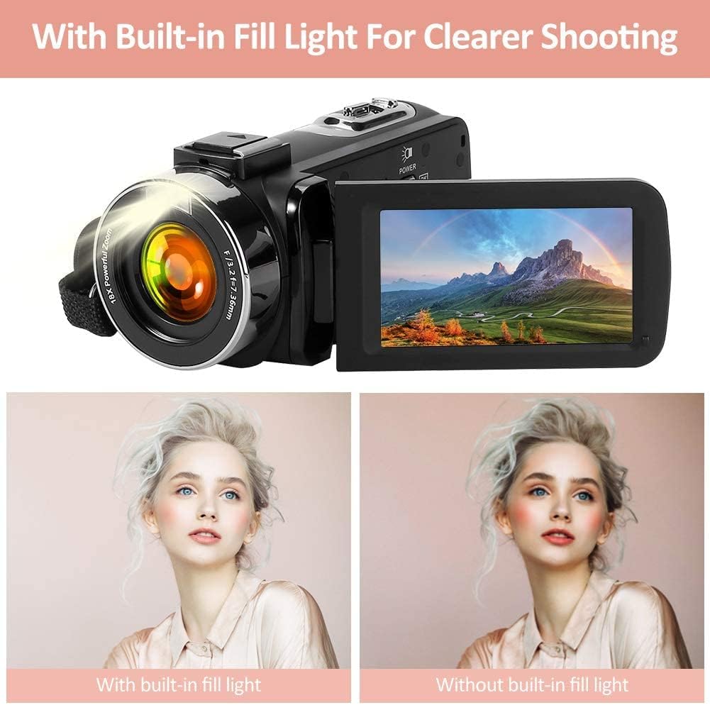 QUICKCLAP Camcorder Video Camera 2.7K 42MP 18X Digital Zoom Camera Recorder 3.0 Inch LCD Screen Vlogging Camera For YouTube with Remote Controller, 2 Batteries