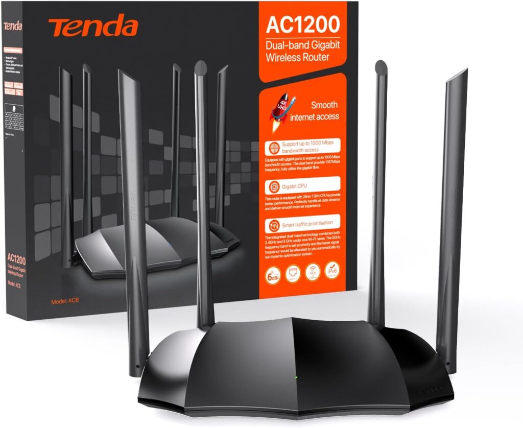 Tenda AC8 Router WiFi AC1200 - Wireless Router with Dual Band 5GHz/2.4GHz, 4xWAN/LAN Gigabit Ports, 4x6dBi Antennas, Repeater Access Point Mode, Beamforming, MU-MIMO, APP Control, IPv6, WPS : Amazon.co.uk: Computers Accessories