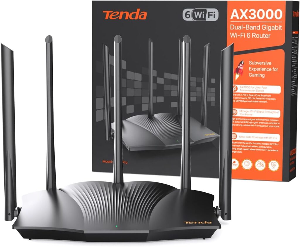 Tenda Wi-Fi 6 Router AX3000 - Dual Band 2.4Ghz/5Ghz, 1xWAN/3xLAN Gigabit Ports, 5x6dBi Antennas, WiFi+ Mesh, Repeater Mode, Support VPN, WPA3, WPS, RX12 Pro