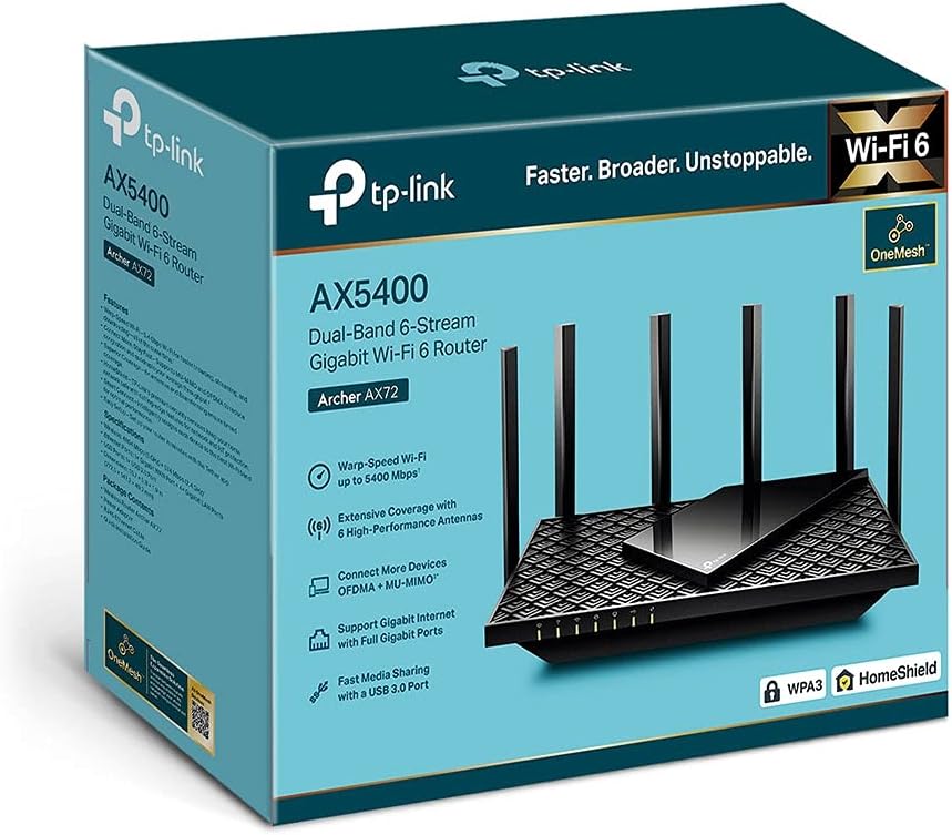 TP-Link Next-Gen Wi-Fi 6 AX5400 Mbps Gigabit Dual Band Wireless Router, OneMesh™ Supported, Dual-Core CPU, TP-Link HomeShield, Ideal for Gaming Xbox/PS4/Steam, Plug and Play (Archer AX72)