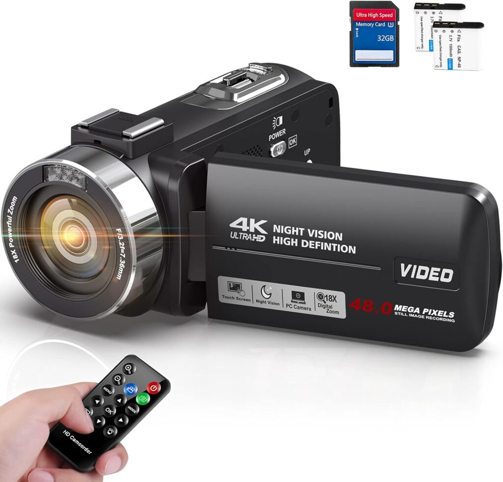 Video Camera 4K Camcorder HD 48MP IR Night Vision Vlogging Camera for YouTube, 18X Digital Zoom Webcam Video Camera, 3.0 Touch Screen Video Recorder with Remote Control, 2 Batteries and 32 GB SD Card