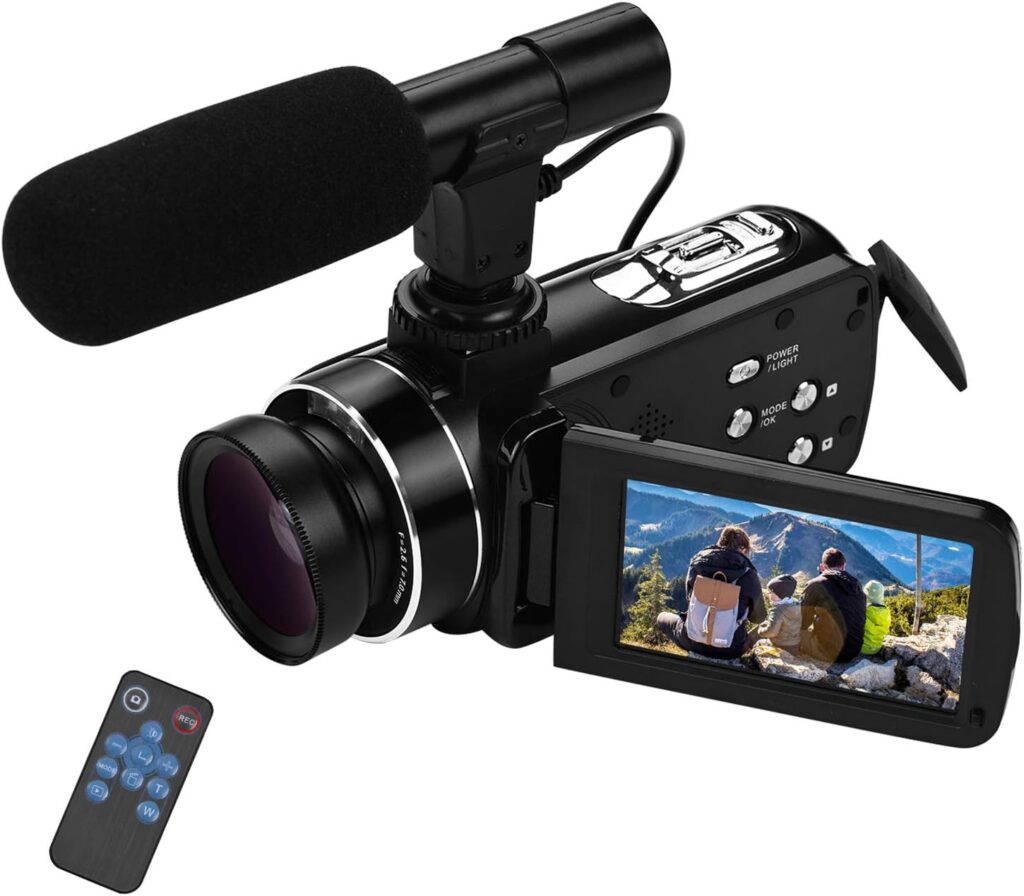 Video Camera Camcorder 4K HD Handheld DV Professional Digital Video Camera CMOS Sensor with 0.45X Wide Angle Lens + Macro Stereo + Microphone Hot Shoe Mount 3.0 Inch IPS Monitor Burst Shooting