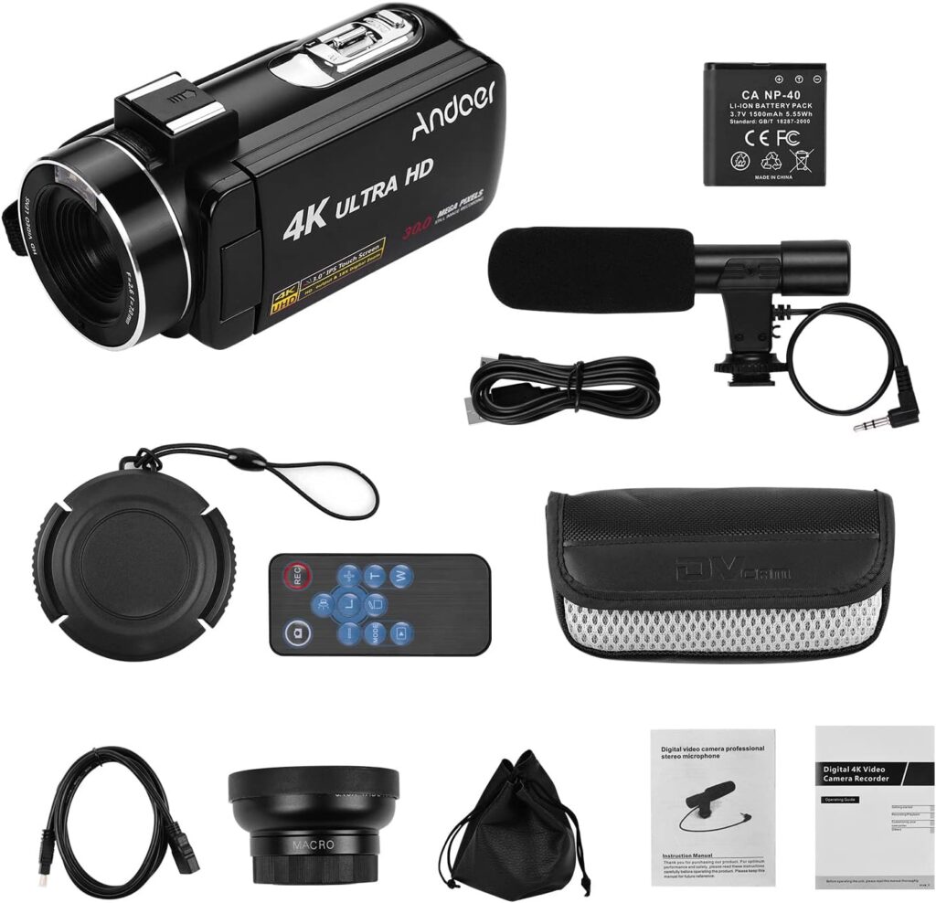 Video Camera Camcorder 4K HD Handheld DV Professional Digital Video Camera CMOS Sensor with 0.45X Wide Angle Lens + Macro Stereo + Microphone Hot Shoe Mount 3.0 Inch IPS Monitor Burst Shooting