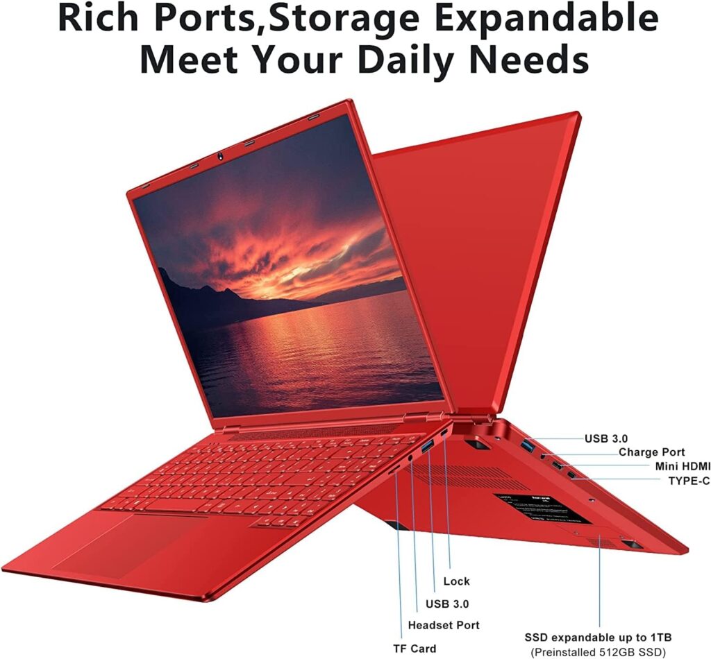AOCWEI 16 Laptop 12+512GB Win 11 N5095 (Up to 2.9Ghz) 4-Core PC with Cooling Fan 1920 * 1200 2K Screen Dual WiFi Support 2.5 HDD 1TB SSD Expand for Game Work Study-Red
