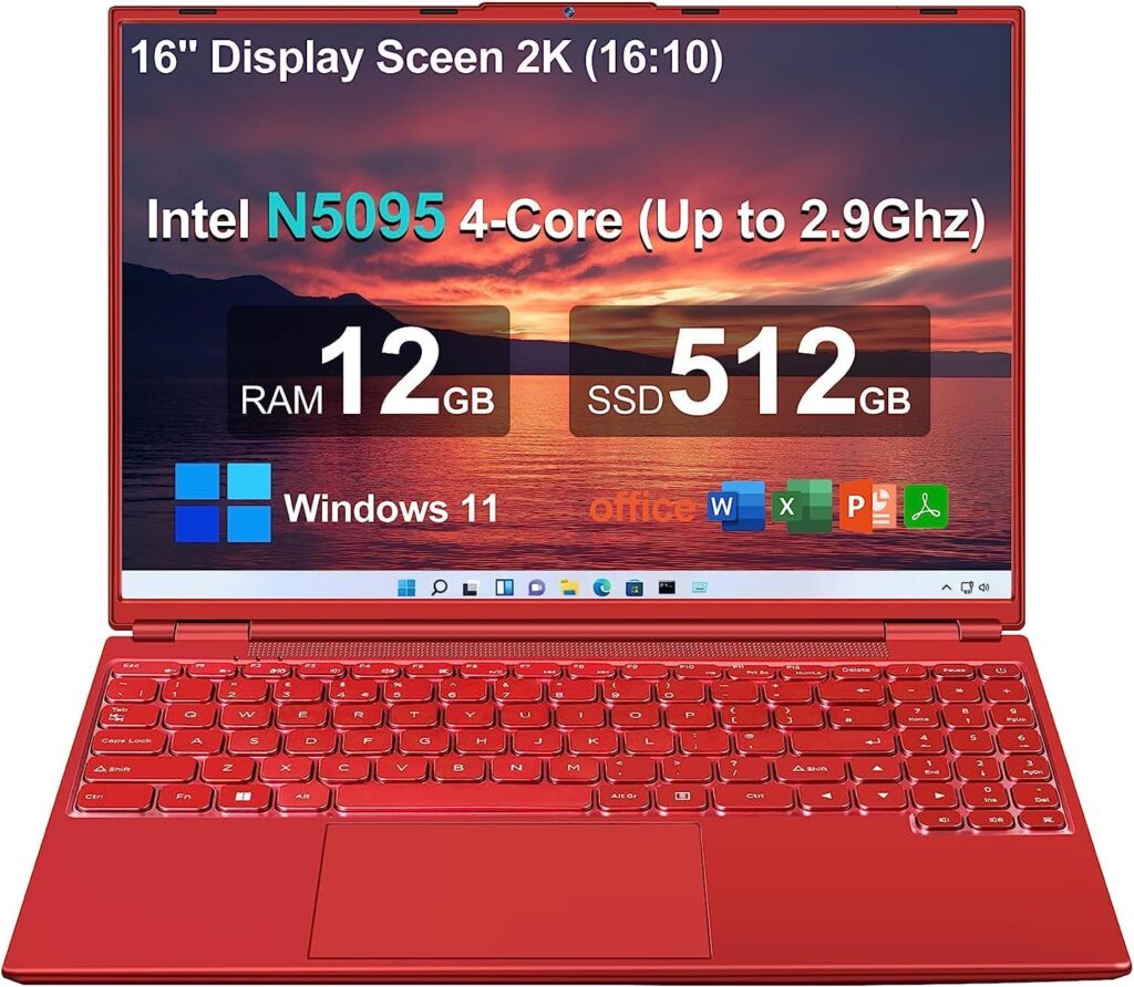 AOCWEI 16 Laptop 12+512GB Win 11 N5095 (Up to 2.9Ghz) 4-Core PC with Cooling Fan 1920 * 1200 2K Screen Dual WiFi Support 2.5 HDD 1TB SSD Expand for Game Work Study-Red