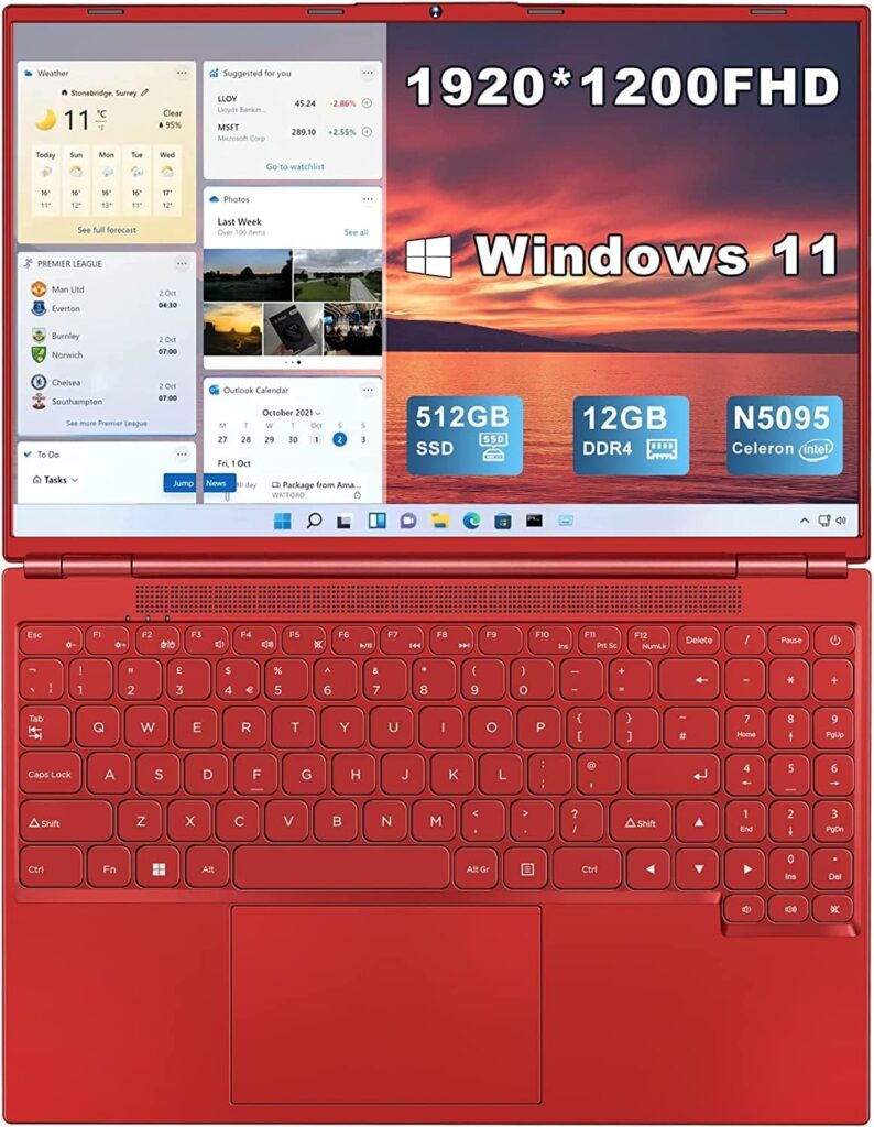 AOCWEI 16 Laptop 12+512GB Win 11 N5095 (Up to 2.9Ghz) 4-Core PC with Cooling Fan 1920 * 1200 2K Screen Dual WiFi Support 2.5 HDD 1TB SSD Expand for Game Work Study-Red