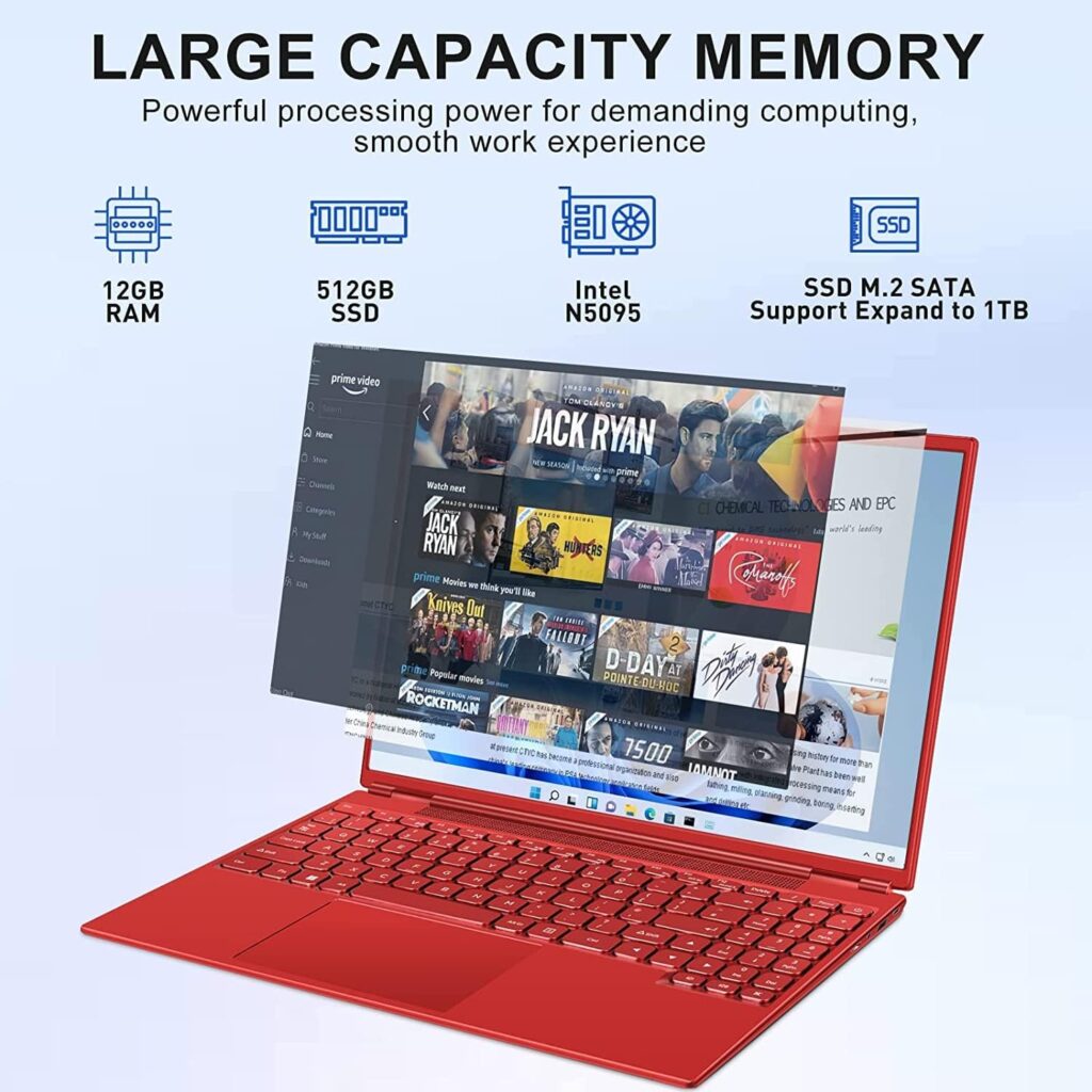 AOCWEI 16 Laptop 12+512GB Win 11 N5095 (Up to 2.9Ghz) 4-Core PC with Cooling Fan 1920 * 1200 2K Screen Dual WiFi Support 2.5 HDD 1TB SSD Expand for Game Work Study-Red