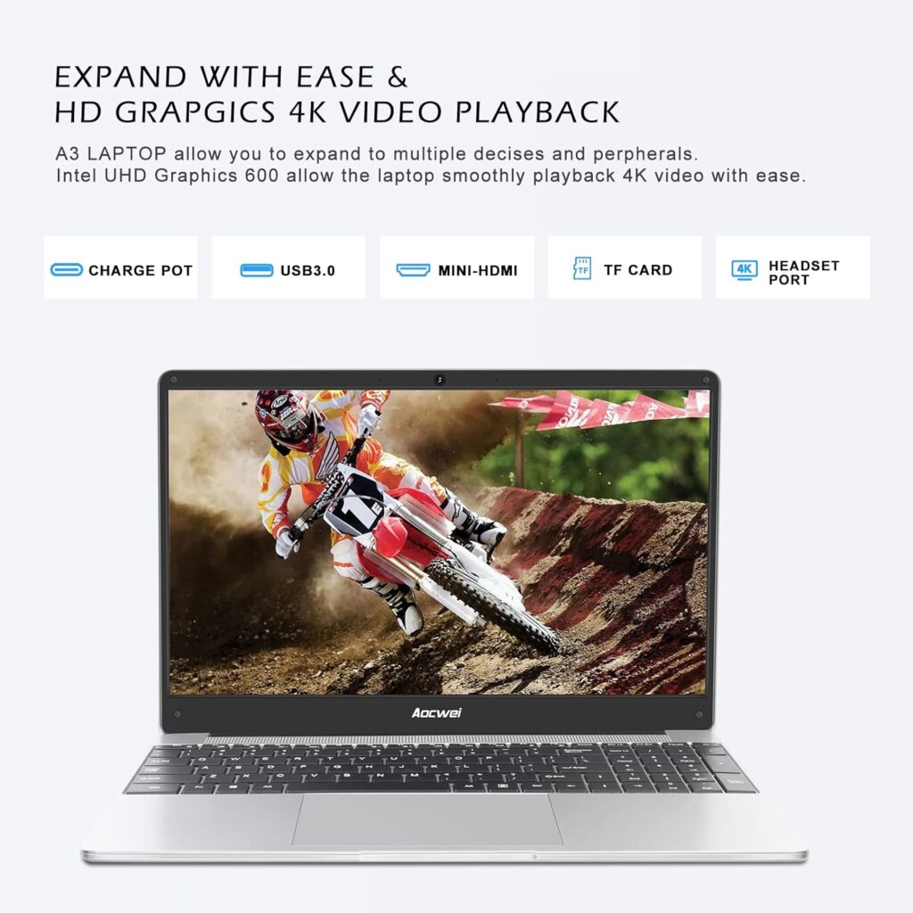 AOCWEI Laptop 15.6 Intel Celeron J4105 (Up to 2.5Ghz) 4 core 6GB RAM 128GB SSD Win 10 Pro Laptop 1080 FHD Screen 2.4G+5G WiFi Bluetooth 4.2 HDMI Includes Wireless Mouse and AZERTY Sticker - Silver