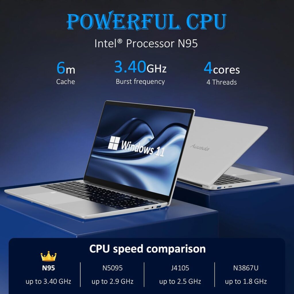 Auusda 15.6 Inch Laptop, 16GB DDR4 512GB NVMe SSD Windows 11 Ultrabook, Intel N95 Laptops(3.4GHz),1920x1200 FHD Display Computer, with Fingerprint Unlock, Cooling Fan, Webcam, Dual Speakers, Mini HDMI