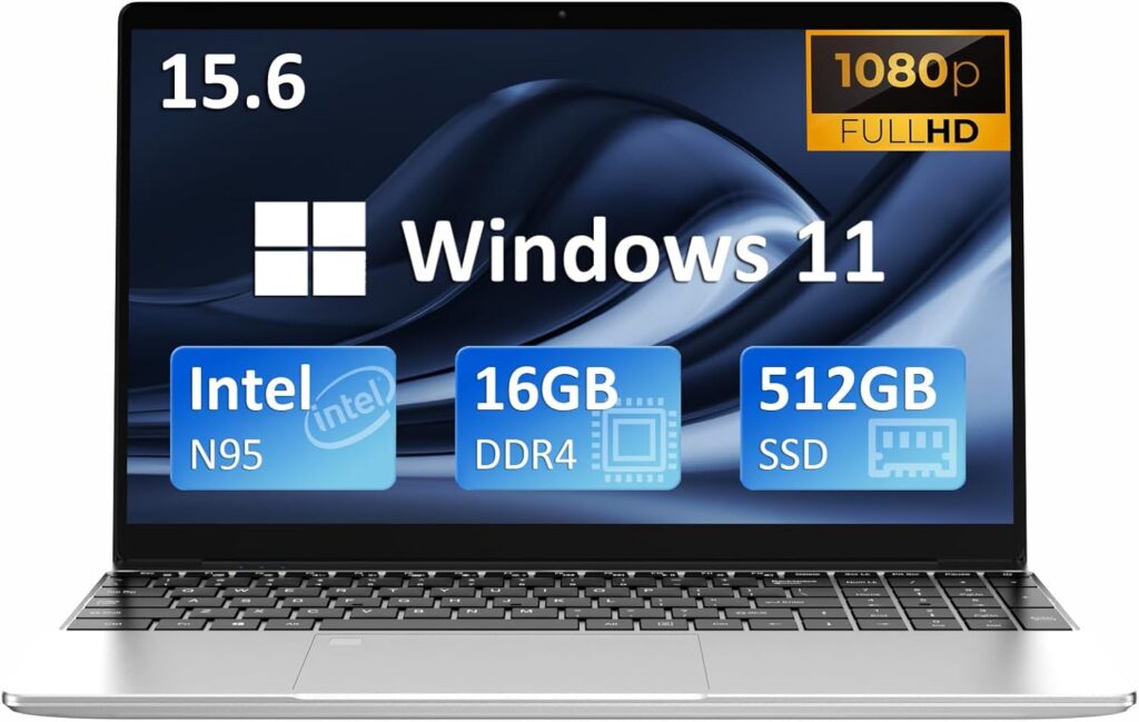 Auusda 15.6 Inch Laptop, 16GB DDR4 512GB NVMe SSD Windows 11 Ultrabook, Intel N95 Laptops(3.4GHz),1920x1200 FHD Display Computer, with Fingerprint Unlock, Cooling Fan, Webcam, Dual Speakers, Mini HDMI